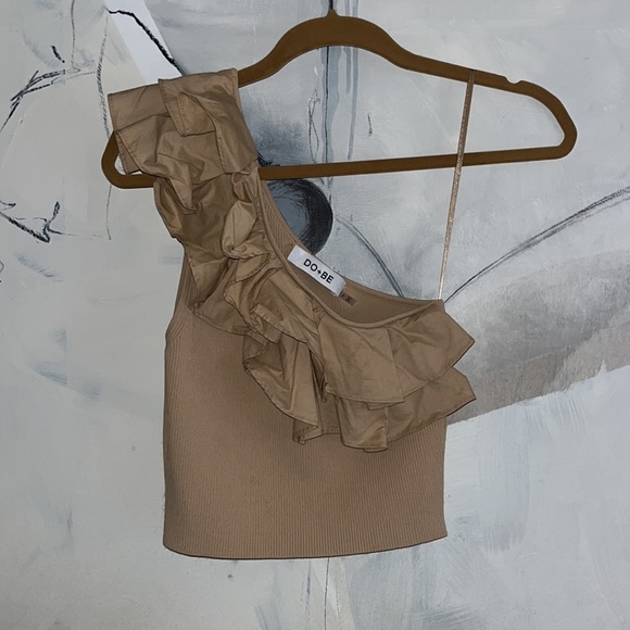 Do+Be Tan One Shoulder Ribbed Bodice and Ruffled Tank Top Size Small - Picture 2 of 7
